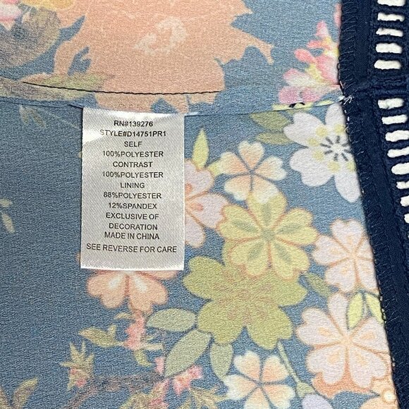 Daniel Rainn V Neck Sheer Keyhole Back Dot & Floral Top Navy Orange S Sleeveless - Picture 13 of 14